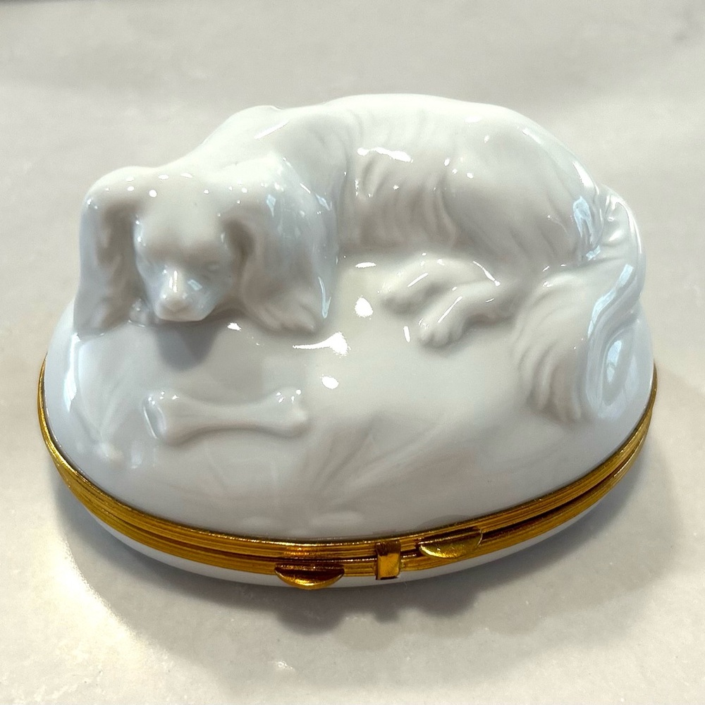 Limoges White and Gold Porcelain Dog Trinket Box